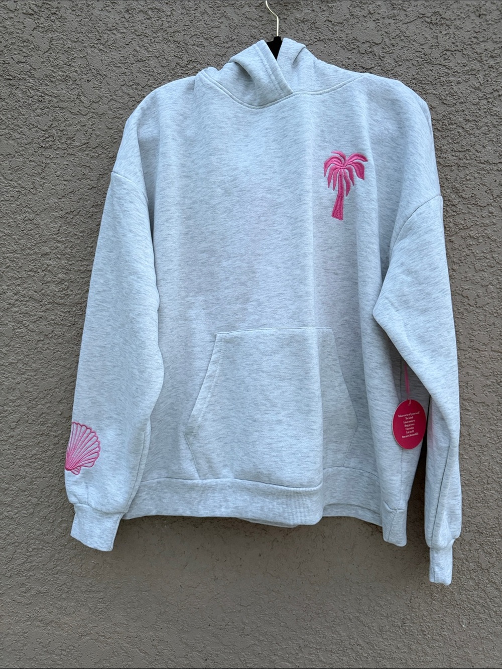Light Gray Hooded Sweatshirt with Pink Embroidery